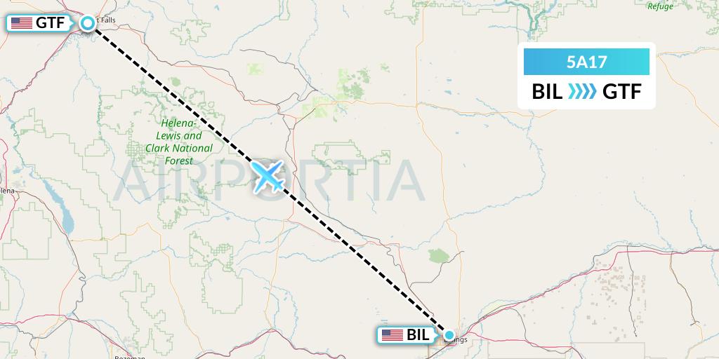 5A17 Alpine Air Express Flight Map: Billings to Great Falls