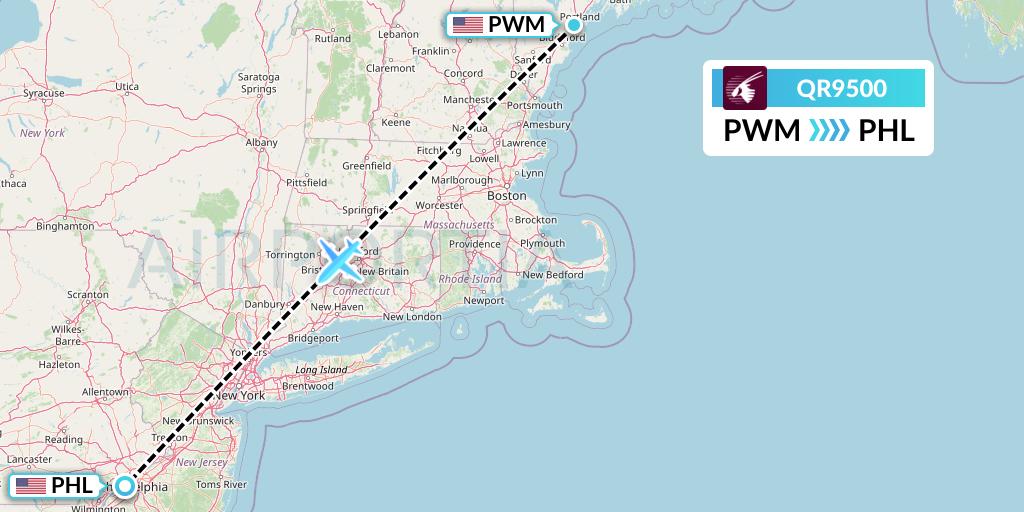 QR9500 Qatar Airways Flight Map: Portland to Philadelphia