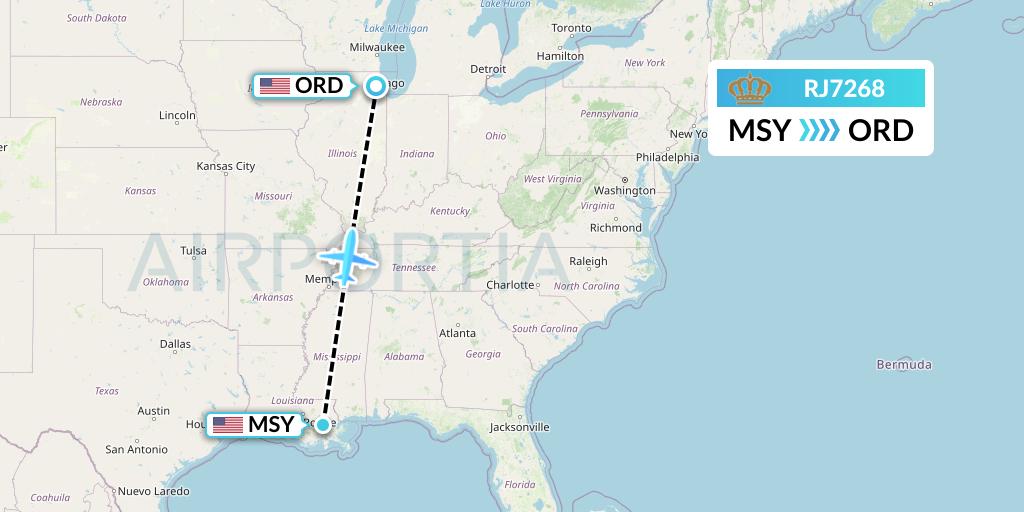 RJ7268 Royal Jordanian Flight Map: New Orleans to Chicago