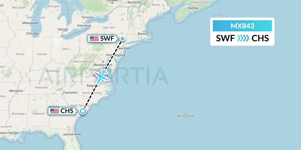MX843 Breeze Airways Flight Map: Newburgh to Charleston