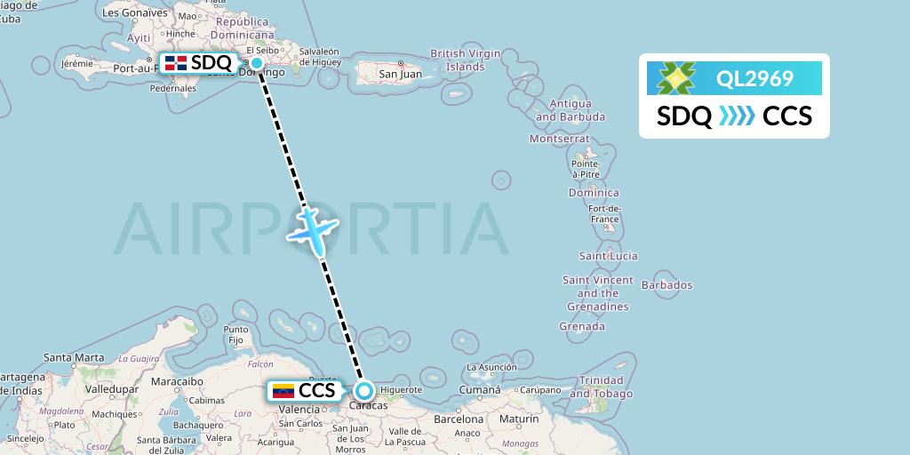 QL2969 Laser Airlines Flight Map: Santo Domingo to Caracas