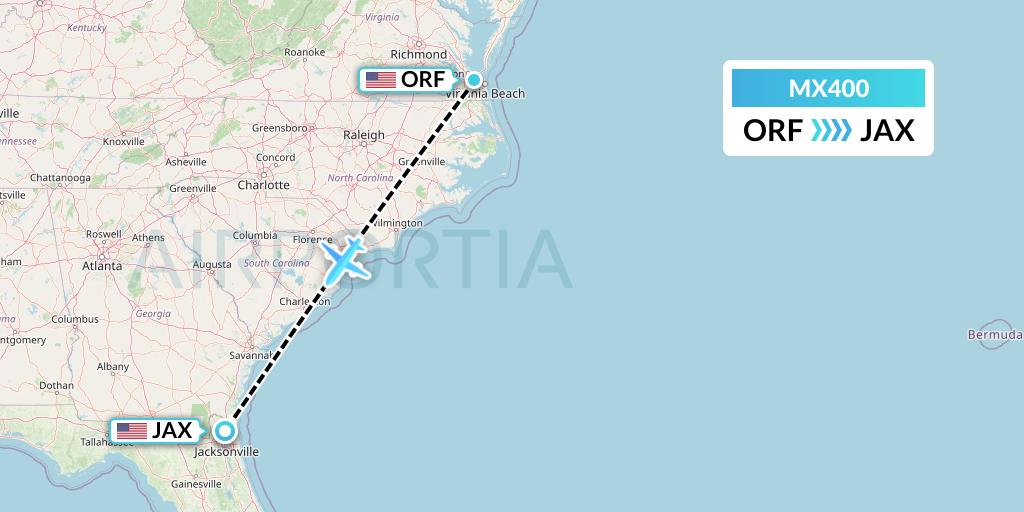 MX400 Breeze Airways Flight Map: Norfolk to Jacksonville