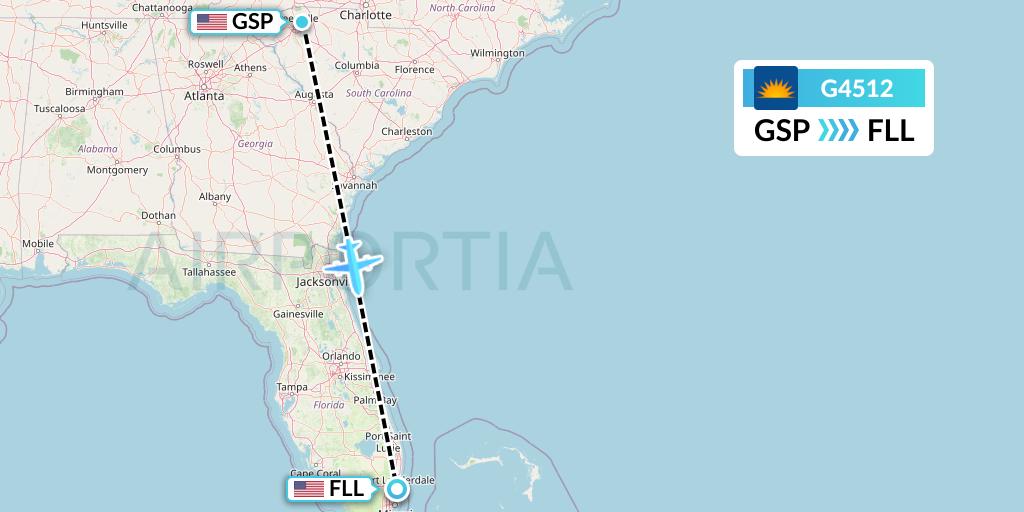 G4512 Allegiant Air Flight Map: Greenville-Spartanburg to Fort Lauderdale