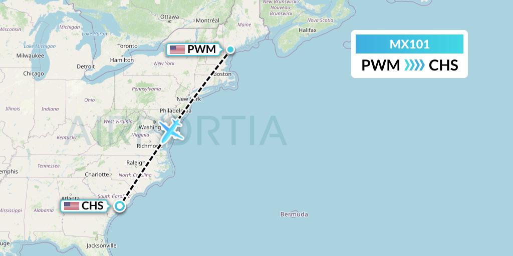 MX101 Breeze Airways Flight Map: Portland to Charleston