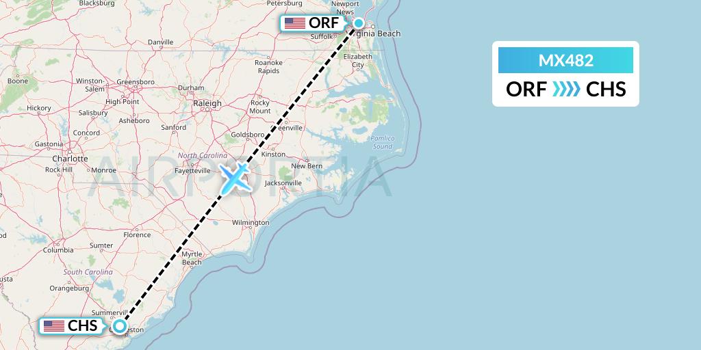 MX482 Breeze Airways Flight Map: Norfolk to Charleston