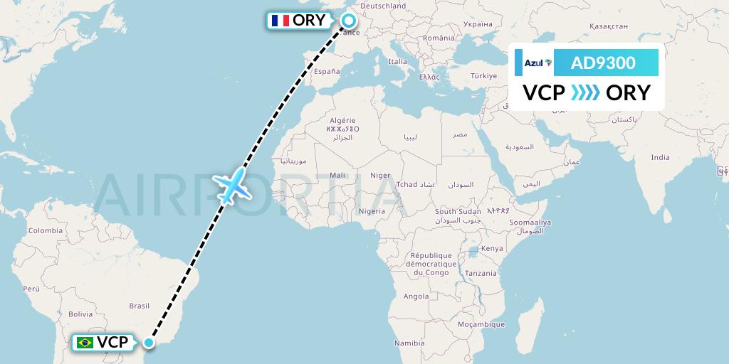 AD9300 Azul Brazilian Airlines Flight Map: Campinas to Paris