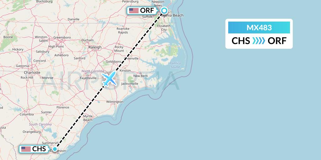 MX483 Breeze Airways Flight Map: Charleston to Norfolk