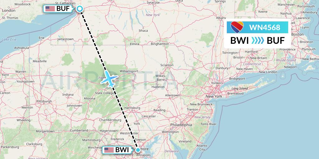 WN4568 Southwest Airlines Flight Map: Baltimore to Buffalo