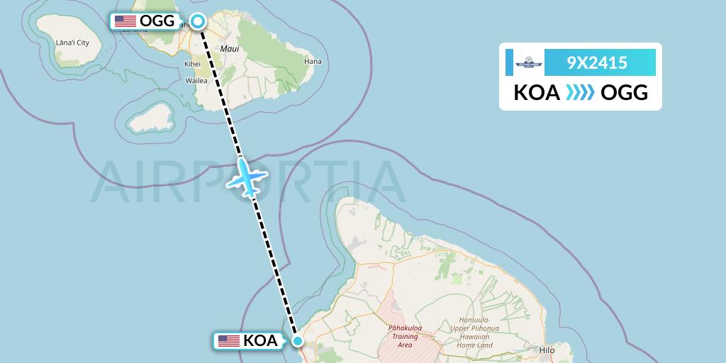 9X2415 Southern Airways Express Flight Map: Kailua-Kona to Kahului