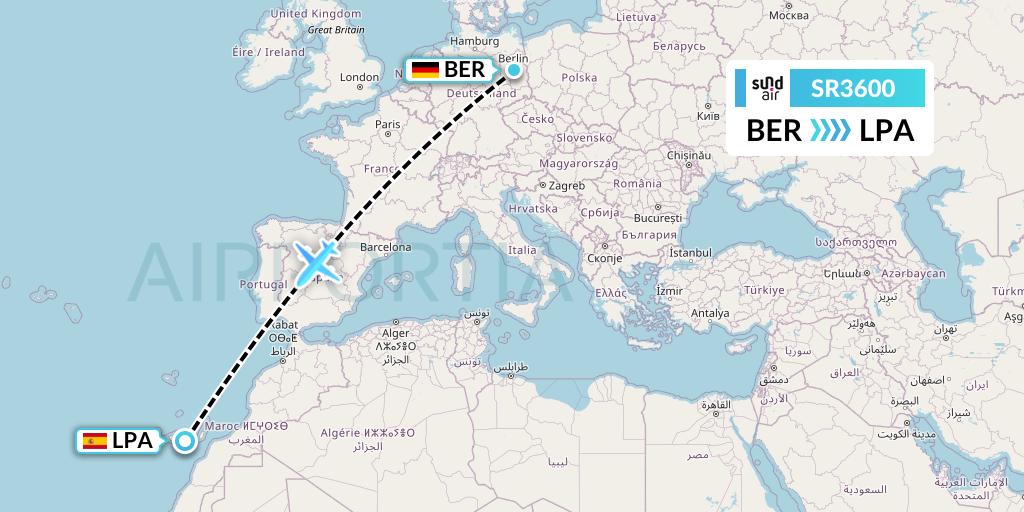 SR3600 SundAir Flight Map: Berlin to Las Palmas
