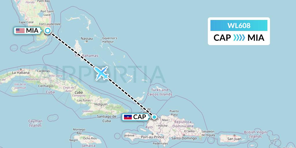 WL608 World Atlantic Airlines Flight Map: Cap-Haitien to Miami
