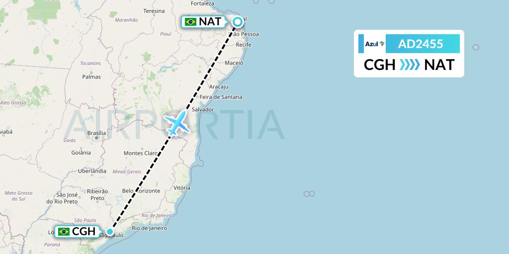 AD2455 Azul Brazilian Airlines Flight Map: Sao Paulo to Natal