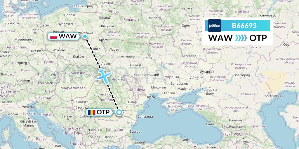 B66693 JetBlue Airways Flight Map: Warsaw to Bucharest