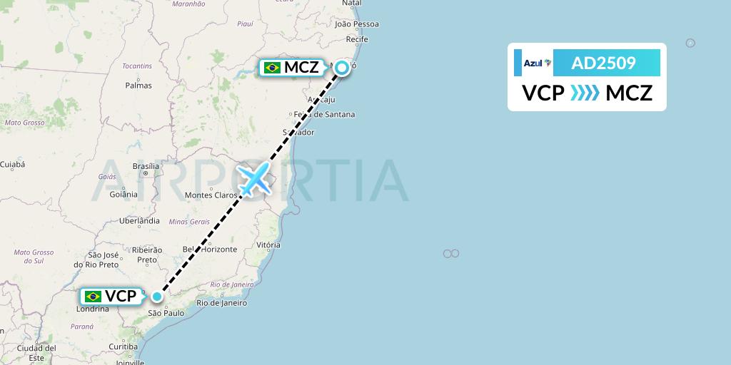AD2509 Azul Brazilian Airlines Flight Map: Campinas to Maceio