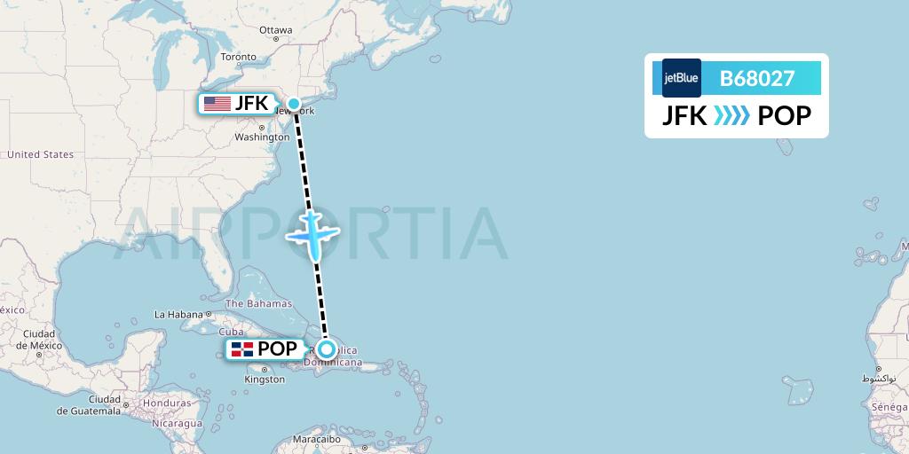 B68027 JetBlue Airways Flight Map: New York to Puerto Plata