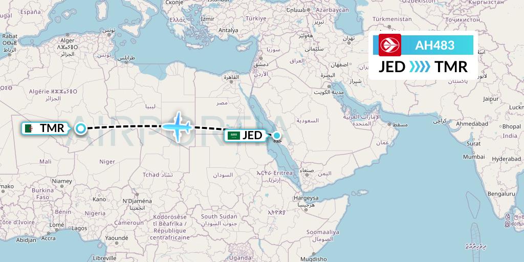 AH483 Air Algerie Flight Map: Jeddah to Tamanrasset
