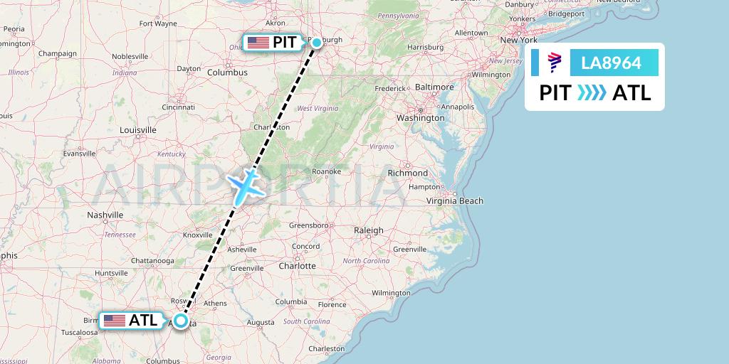 LA8964 LAN Airlines Flight Map: Pittsburgh to Atlanta