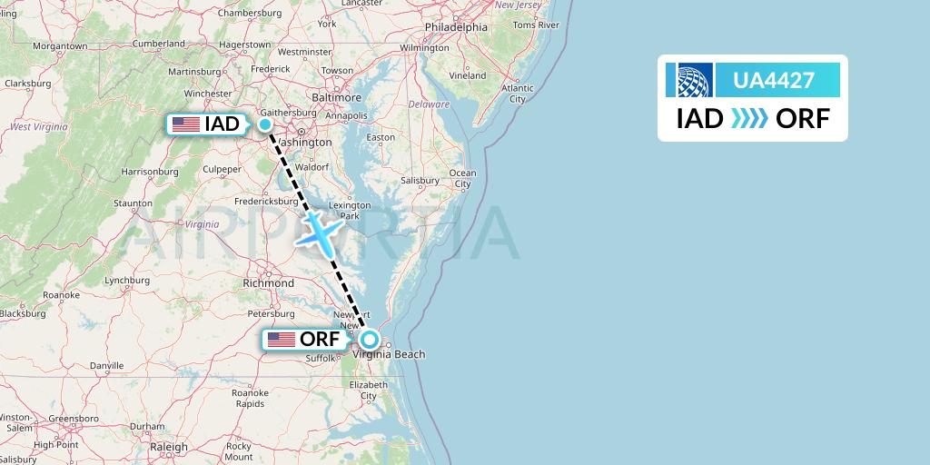 UA4427 United Airlines Flight Map: Washington to Norfolk