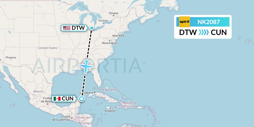 NK2087 Spirit Airlines Flight Map: Detroit to Cancun