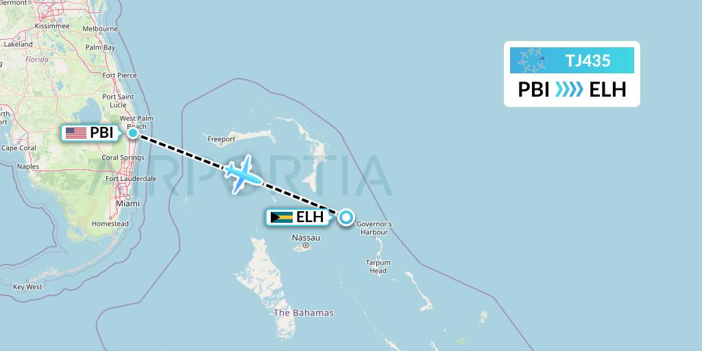 TJ435 Tradewind Aviation Flight Map: West Palm Beach to North Eleuthera