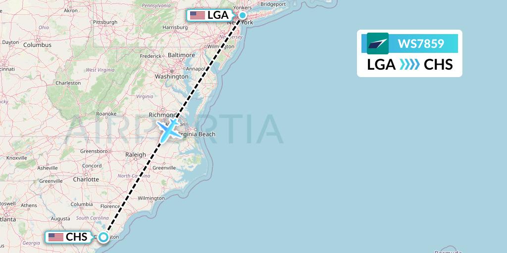 WS7859 WestJet Flight Map: New York to Charleston