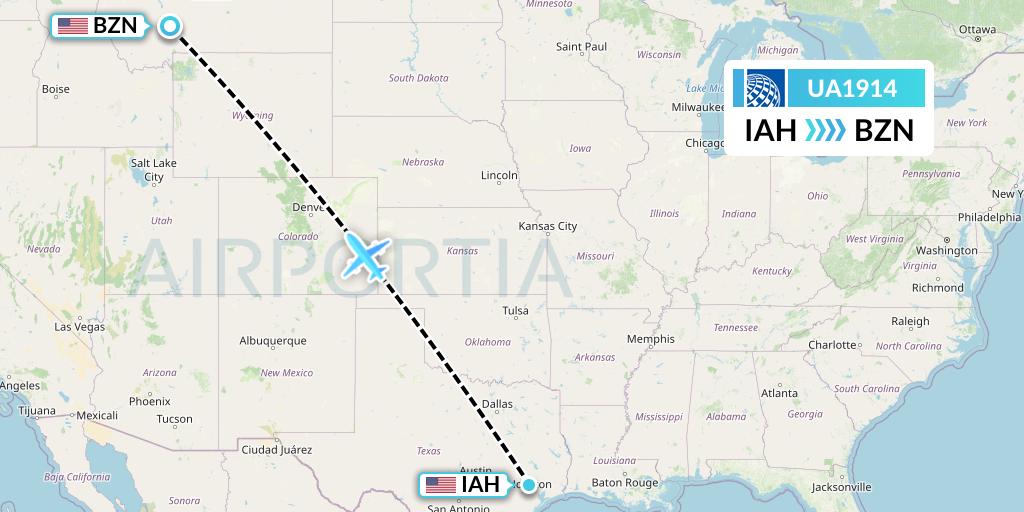 UA1914 United Airlines Flight Map: Houston to Bozeman