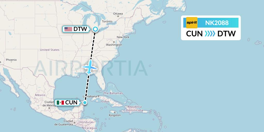 NK2088 Spirit Airlines Flight Map: Cancun to Detroit