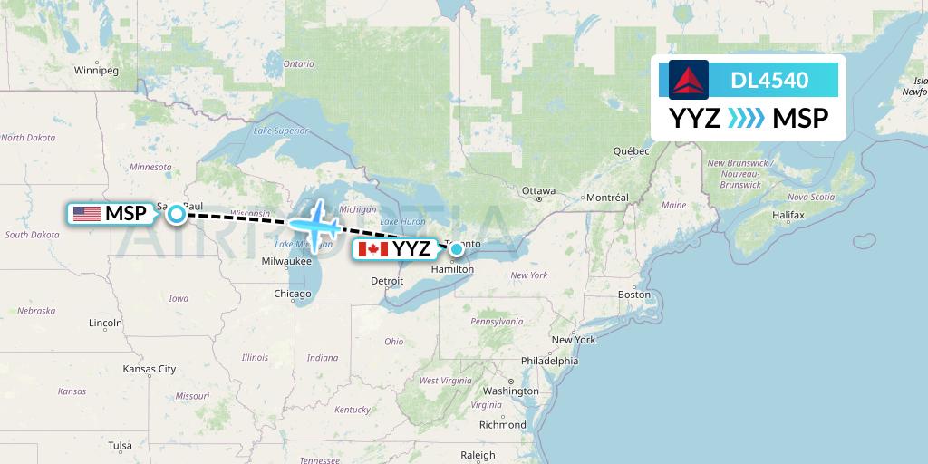 DL4540 Delta Air Lines Flight Map: Toronto to Minneapolis