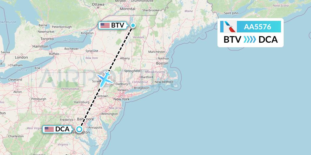 AA5576 American Airlines Flight Map: Burlington to Washington
