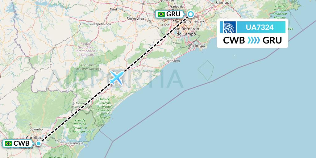 UA7324 United Airlines Flight Map: Curitiba to Sao Paulo