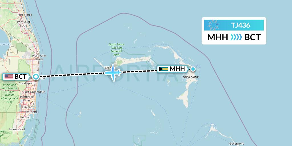 TJ436 Tradewind Aviation Flight Map: Marsh Harbour to Boca Raton