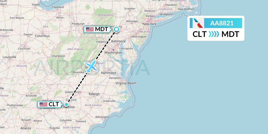 AA8821 American Airlines Flight Map: Charlotte to Harrisburg