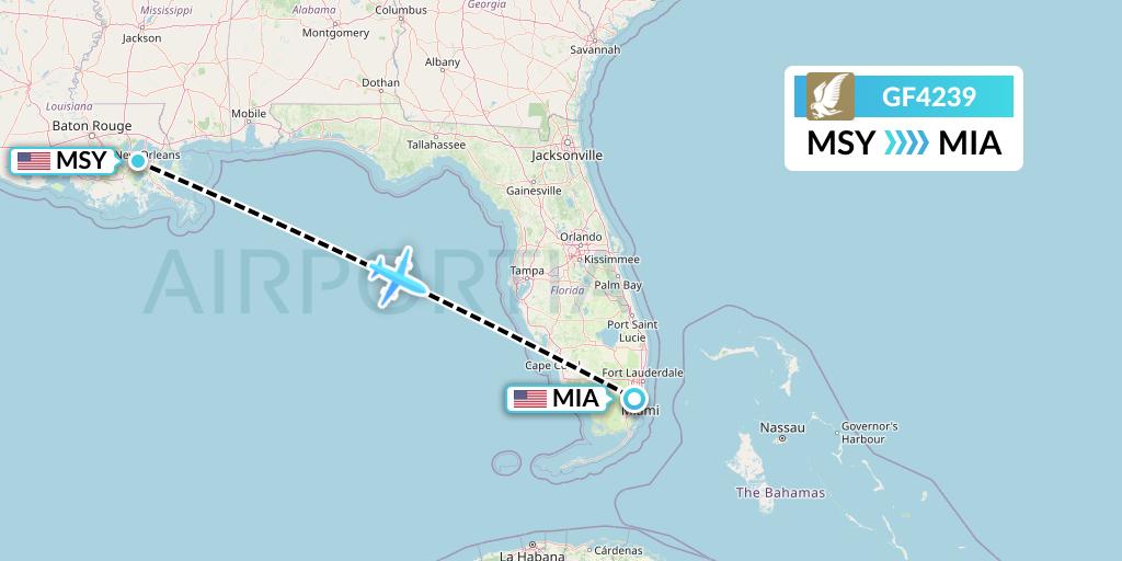 GF4239 Gulf Air Flight Map: New Orleans to Miami