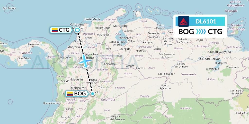 DL6101 Delta Air Lines Flight Map: Bogota to Cartagena