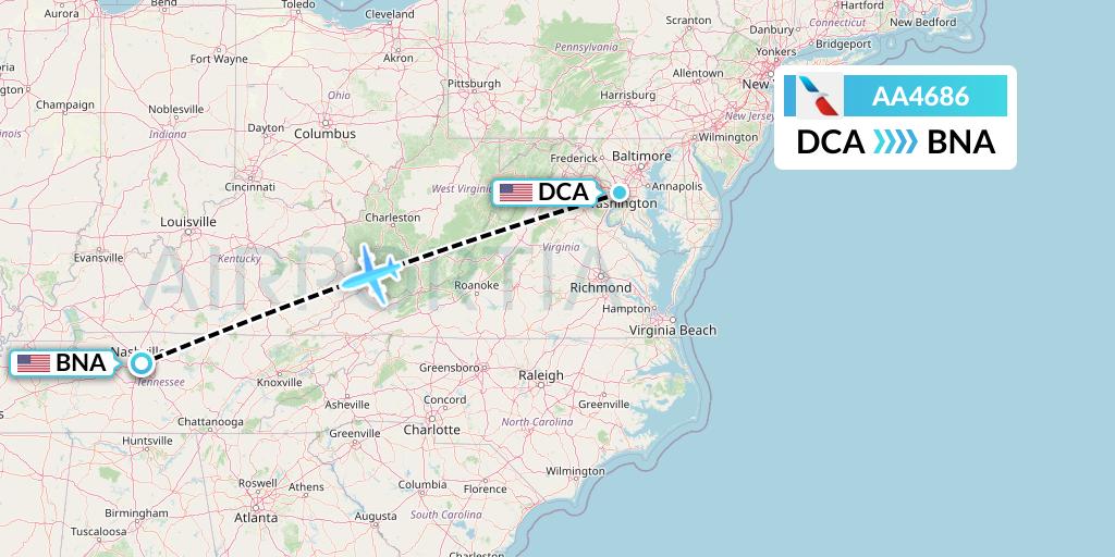 AA4686 American Airlines Flight Map: Washington to Nashville
