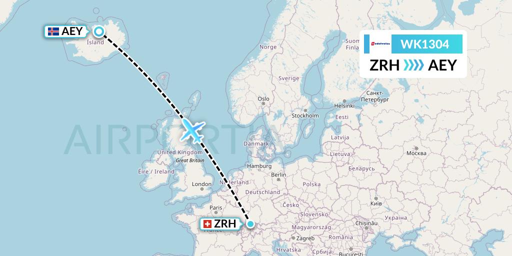 WK1304 Edelweiss Air Flight Map: Zurich to Akureyri