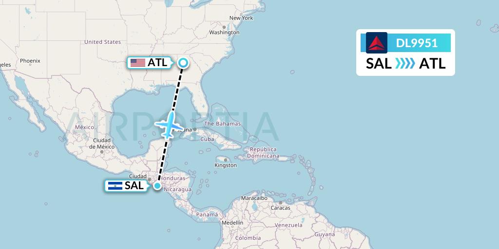 DL9951 Delta Air Lines Flight Map: San Salvador to Atlanta