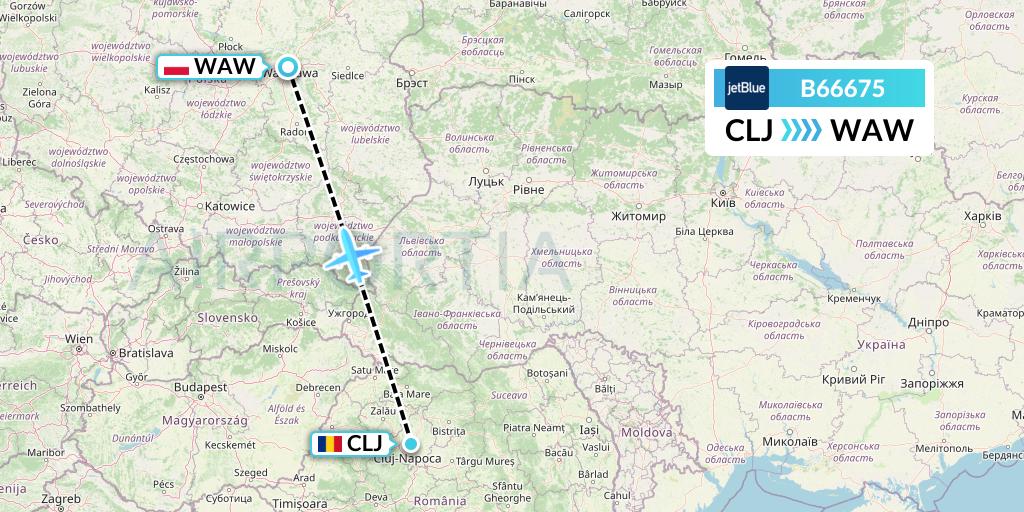 B66675 JetBlue Airways Flight Map: Cluj-Napoca to Warsaw