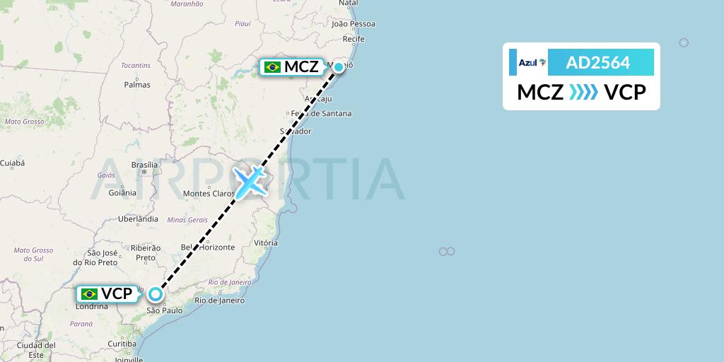 AD2564 Azul Brazilian Airlines Flight Map: Maceio to Campinas