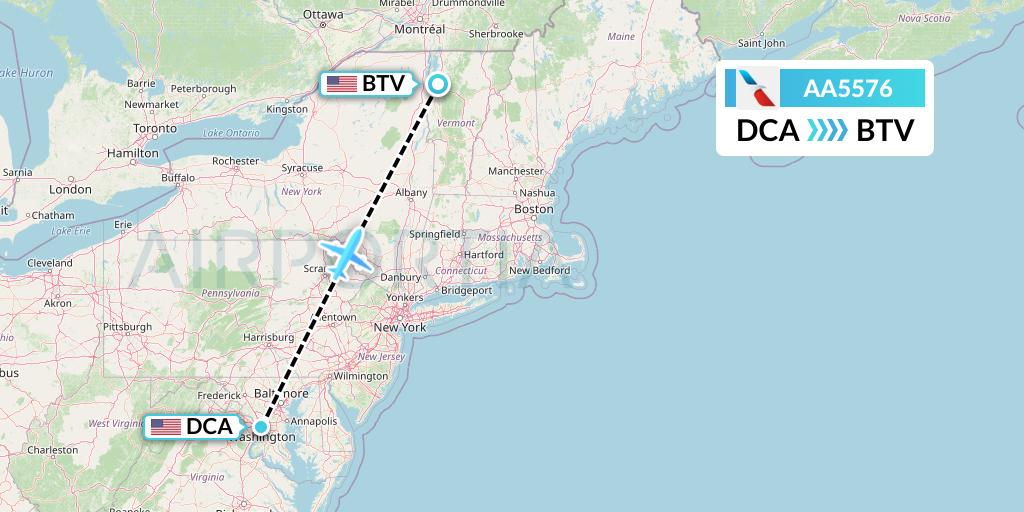 AA5576 American Airlines Flight Map: Washington to Burlington
