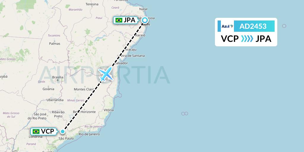 AD2453 Azul Brazilian Airlines Flight Map: Campinas to Joao Pessoa