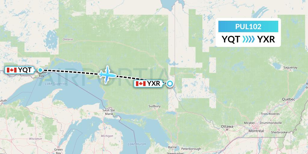 PUL102 Ornge Air Flight Map: Thunder Bay to Earlton