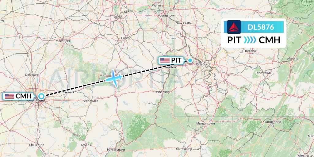 DL5876 Delta Air Lines Flight Map: Pittsburgh to Columbus