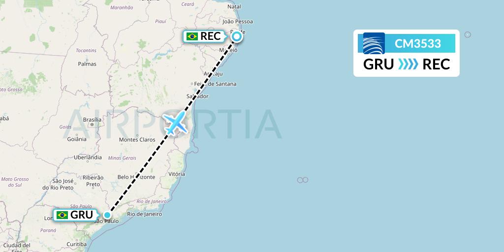 CM3533 Copa Airlines Flight Map: Sao Paulo to Recife
