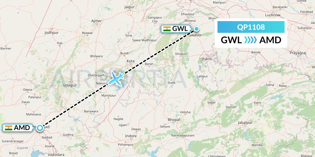QP1108 Akasa Air Flight Map: Gwalior to Ahmedabad