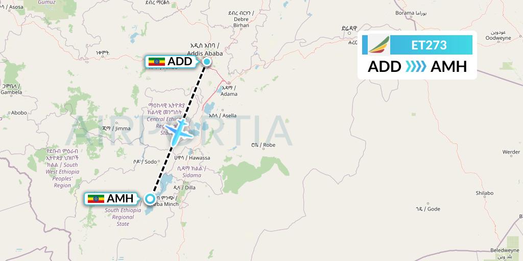 ET273 Ethiopian Airlines Flight Map: Addis Ababa to Ethiopia