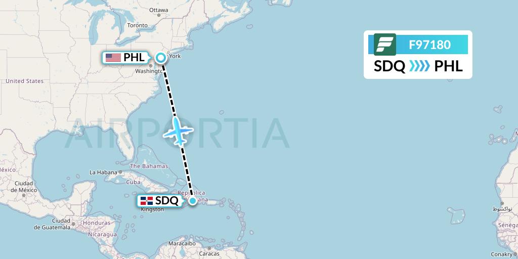 F97180 Frontier Airlines Flight Map: Santo Domingo to Philadelphia