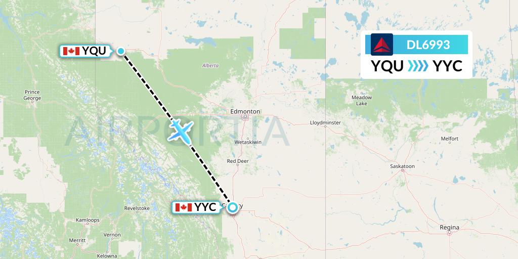 DL6993 Delta Air Lines Flight Map: Grande Prairie to Calgary