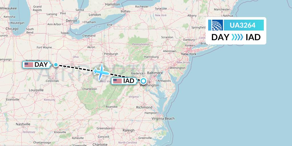 UA3264 United Airlines Flight Map: Dayton to Washington