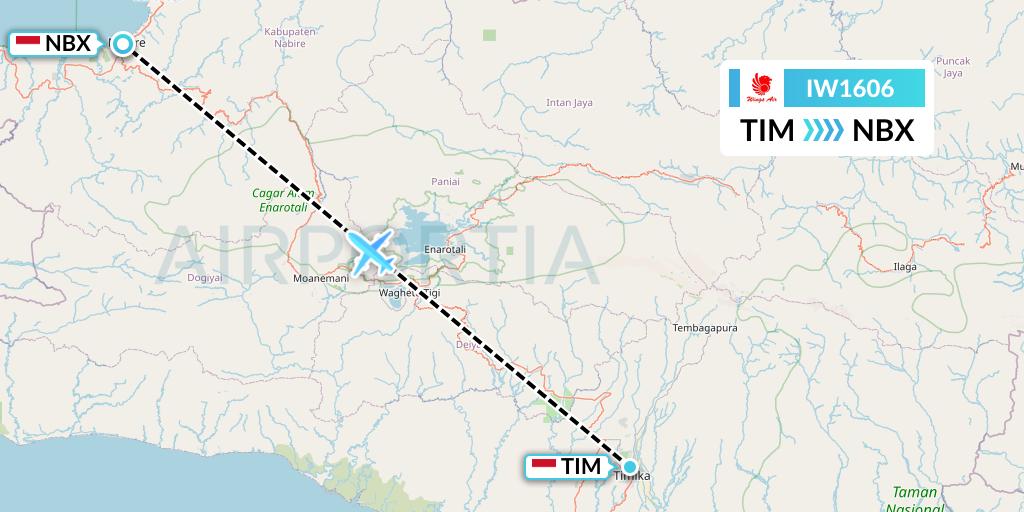 IW1606 Wings Air Flight Map: Timika to Nabire-Papua Island